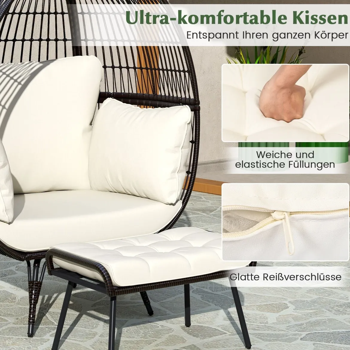 Rattan Korbsessel mit Hocker Übergroßer Gartensessel mit Kissen XXL Rattansessel