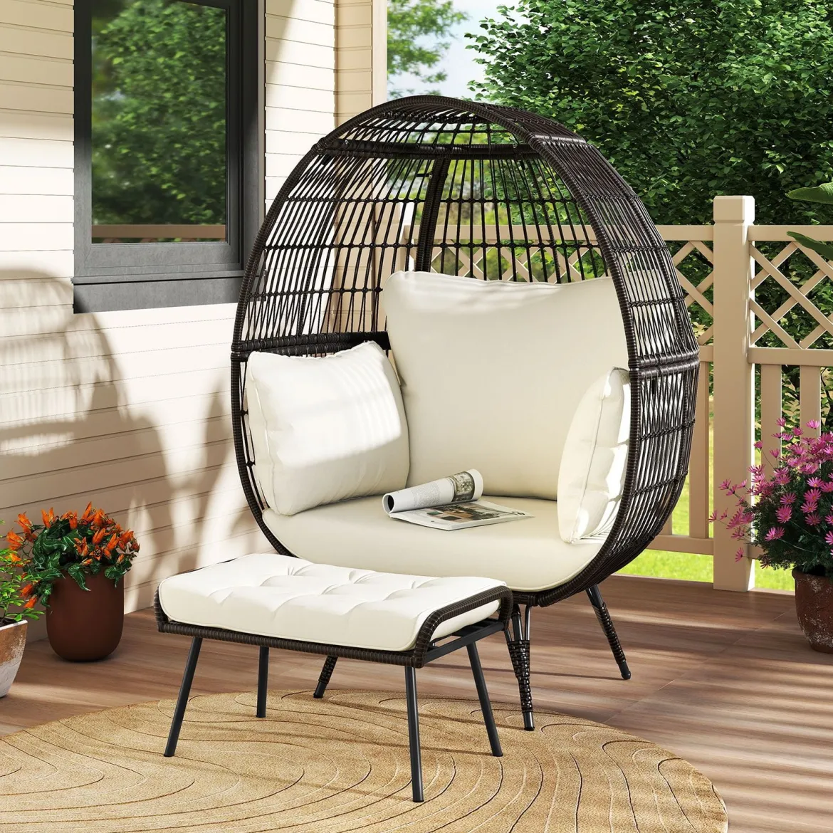 Rattan Korbsessel mit Hocker Übergroßer Gartensessel mit Kissen XXL Rattansessel