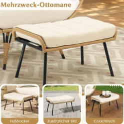 Rattan Korbsessel mit Hocker Übergroßer Gartensessel mit Kissen XXL Rattansessel Weiß