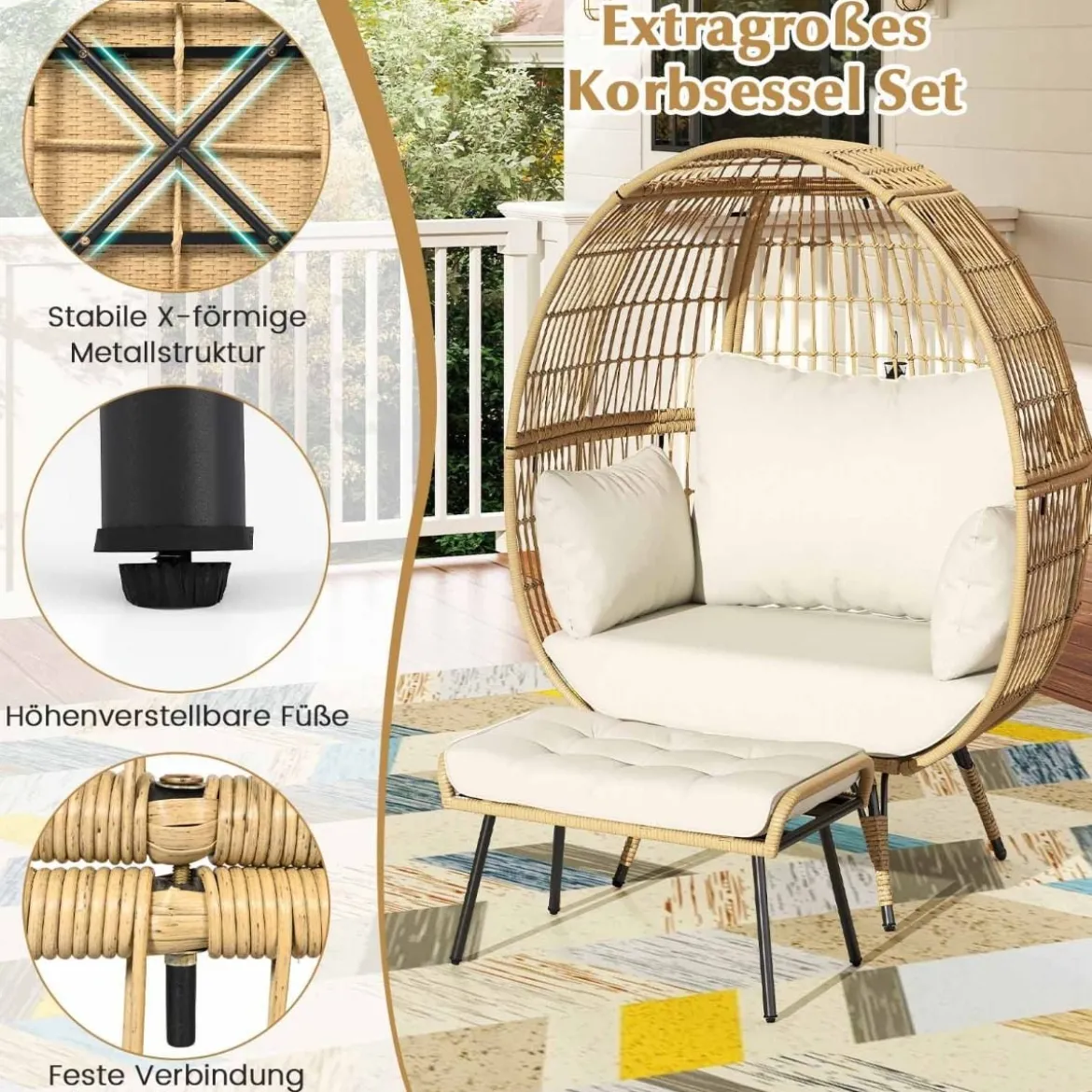 Rattan Korbsessel mit Hocker Übergroßer Gartensessel mit Kissen XXL Rattansessel Weiß