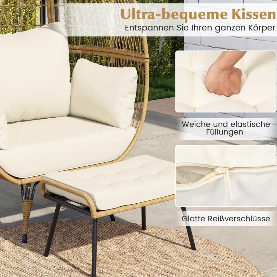 Rattan Korbsessel mit Hocker Übergroßer Gartensessel mit Kissen XXL Rattansessel Weiß
