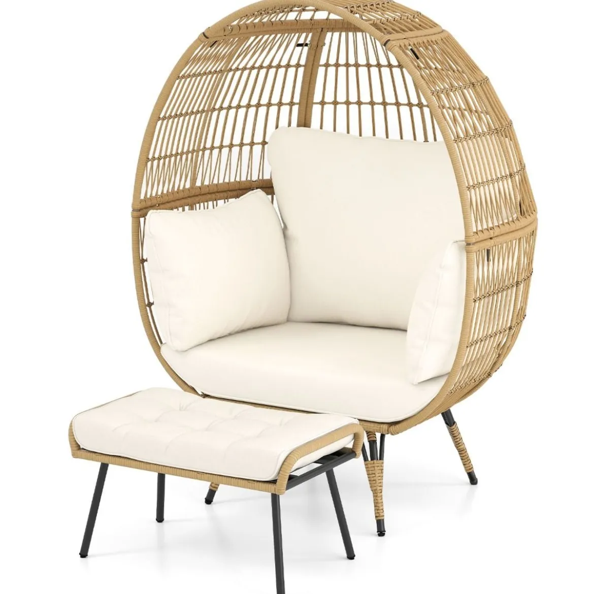 Rattan Korbsessel mit Hocker Übergroßer Gartensessel mit Kissen XXL Rattansessel Weiß