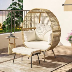 Rattan Korbsessel mit Hocker Übergroßer Gartensessel mit Kissen XXL Rattansessel Weiß