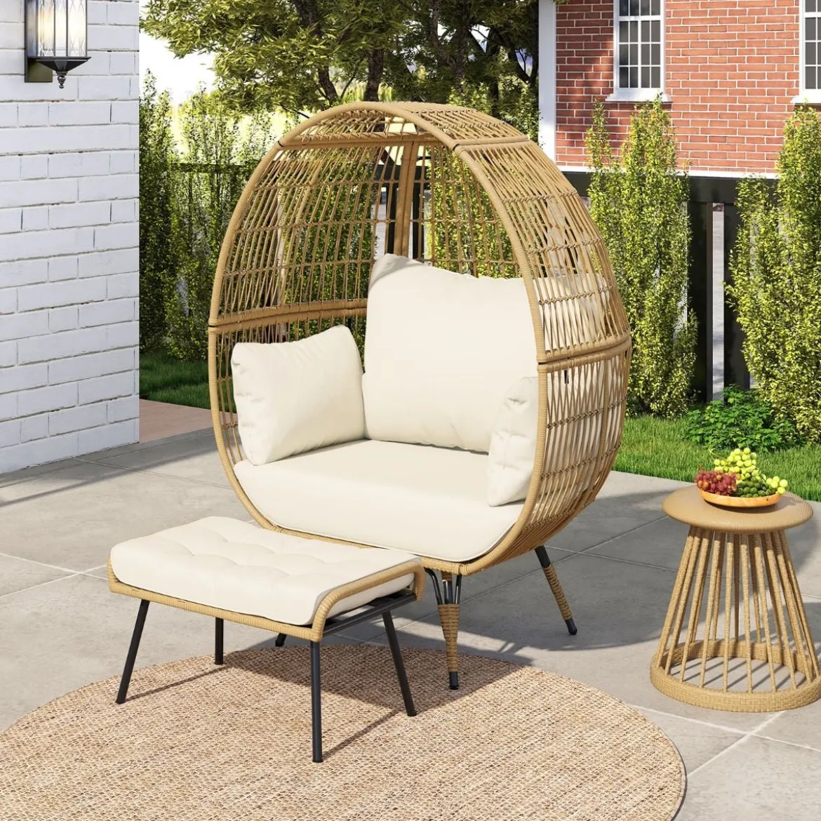 Rattan Korbsessel mit Hocker Übergroßer Gartensessel mit Kissen XXL Rattansessel Weiß