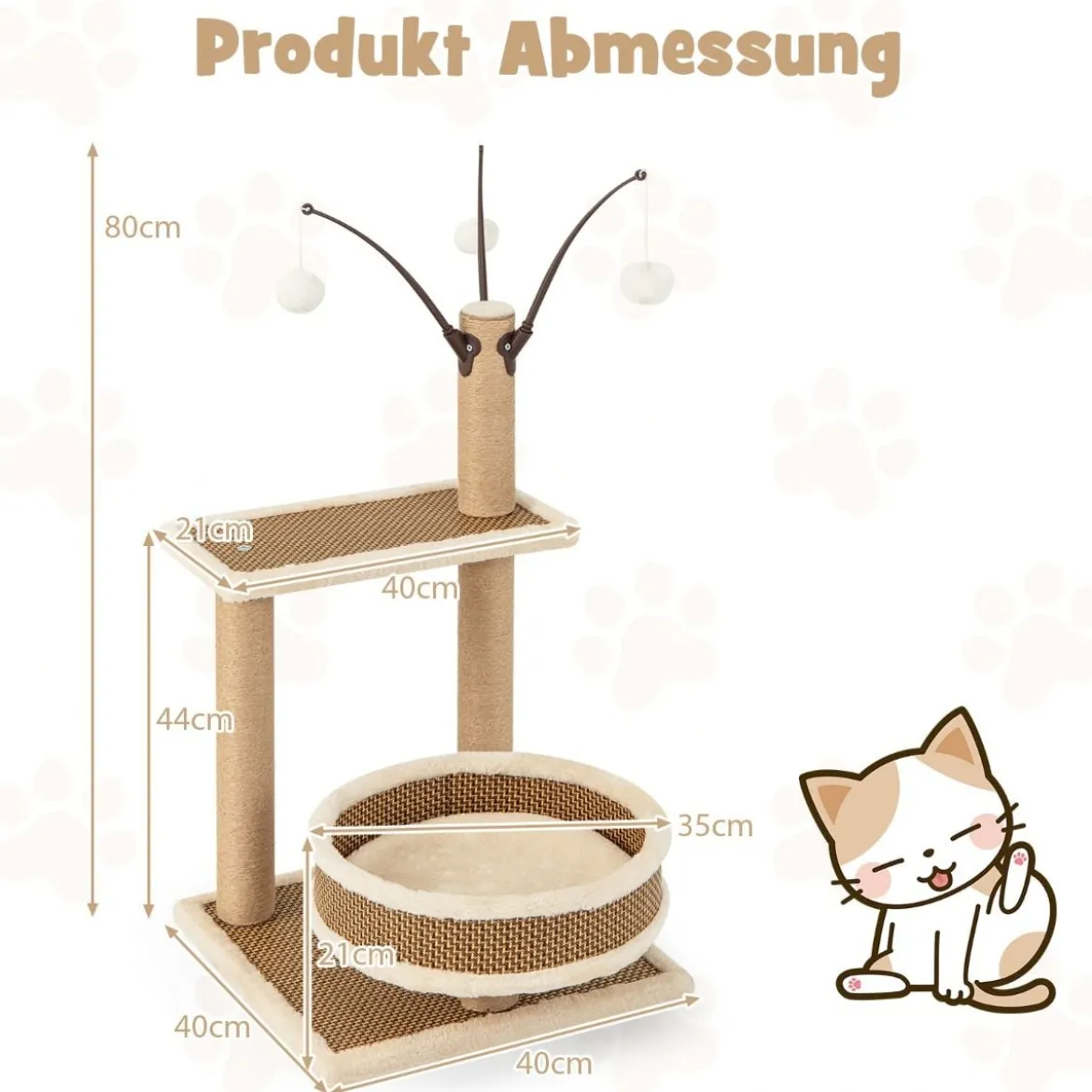 Rattan Kratzbaum mit Plattform & 3 Spielbällen & Kratzpfosten & Bett Katzenbaum Katzenkratzbaum