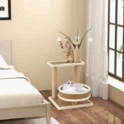 Rattan Kratzbaum mit Plattform & 3 Spielbällen & Kratzpfosten & Bett Katzenbaum Katzenkratzbaum