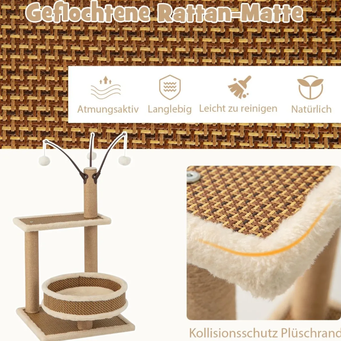 Rattan Kratzbaum mit Plattform & 3 Spielbällen & Kratzpfosten & Bett Katzenbaum Katzenkratzbaum
