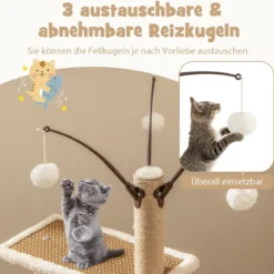 Rattan Kratzbaum mit Plattform & 3 Spielbällen & Kratzpfosten & Bett Katzenbaum Katzenkratzbaum