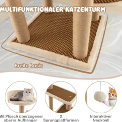 Rattan Kratzbaum mit Plattform & Spielbällen & Kratzpfosten & Bett Katzenbaum Katzenkratzbaum