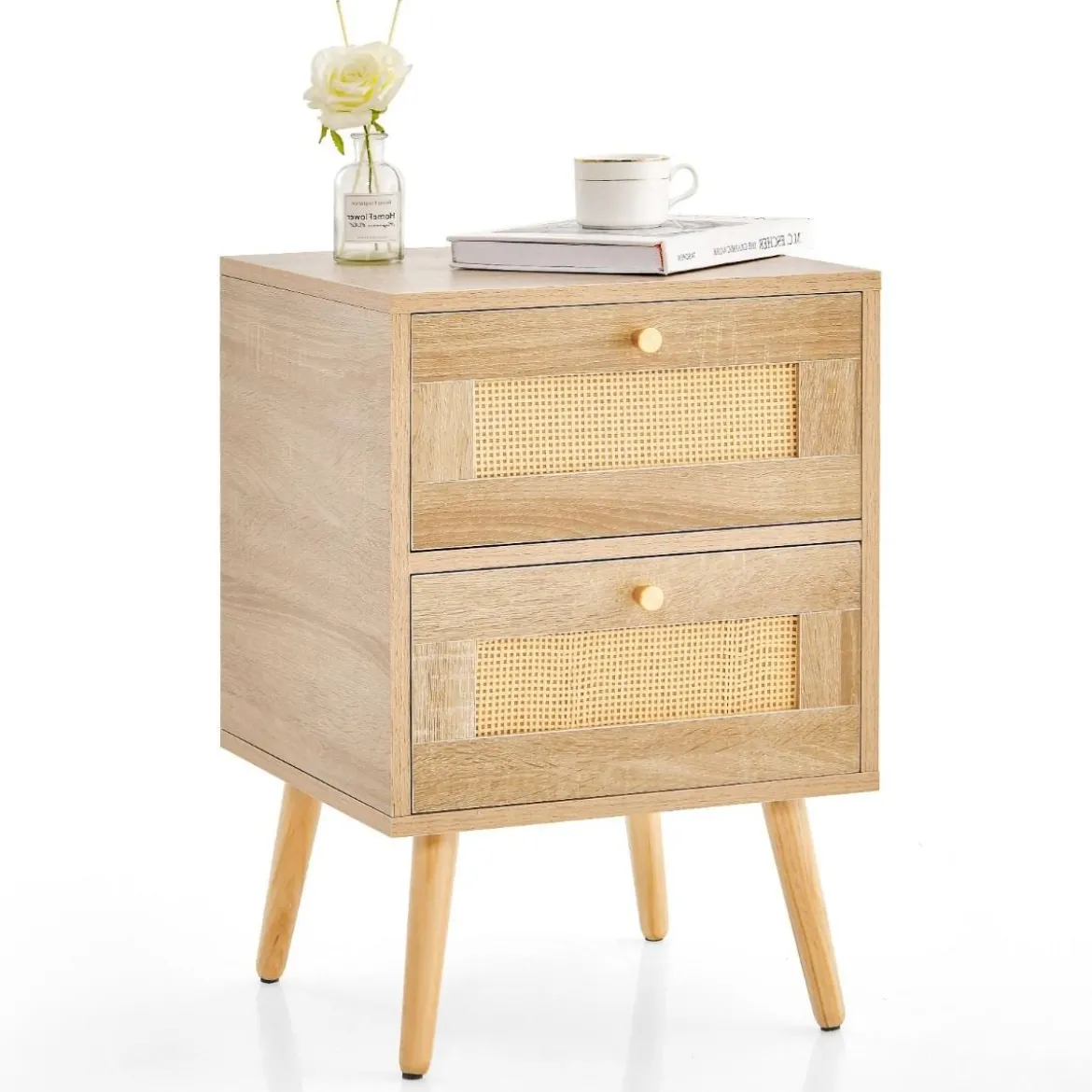 Rattan Nachttisch im Boho-Stil mit 2 Schubladen & Massivholzbeinen Moderner Nachtschrank