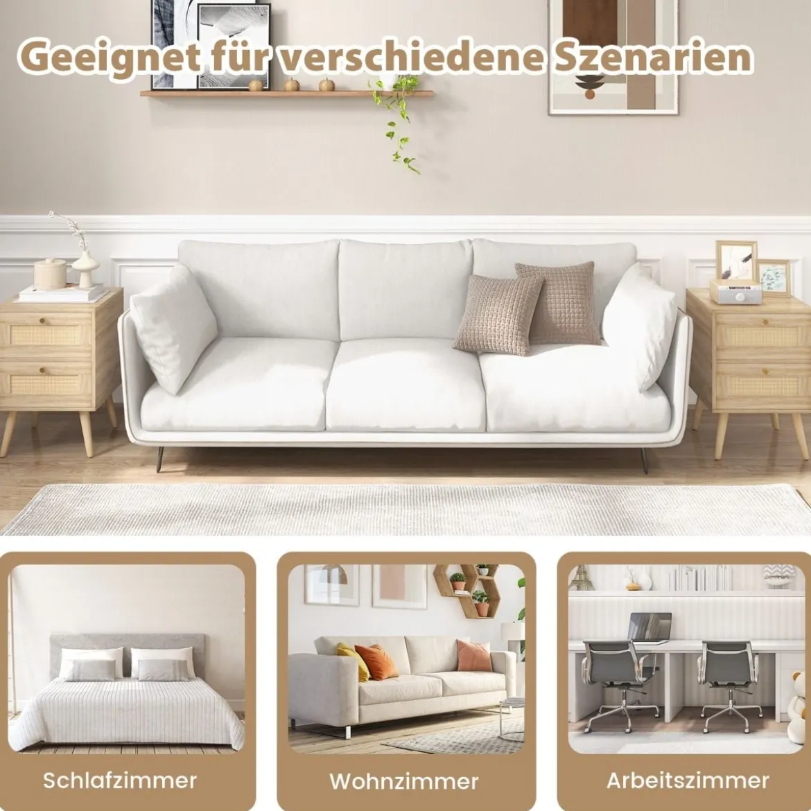 Rattan Nachttisch im Boho-Stil mit 2 Schubladen & Massivholzbeinen Moderner Nachtschrank