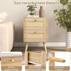 Rattan Nachttisch im Boho-Stil mit 2 Schubladen & Massivholzbeinen Moderner Nachtschrank