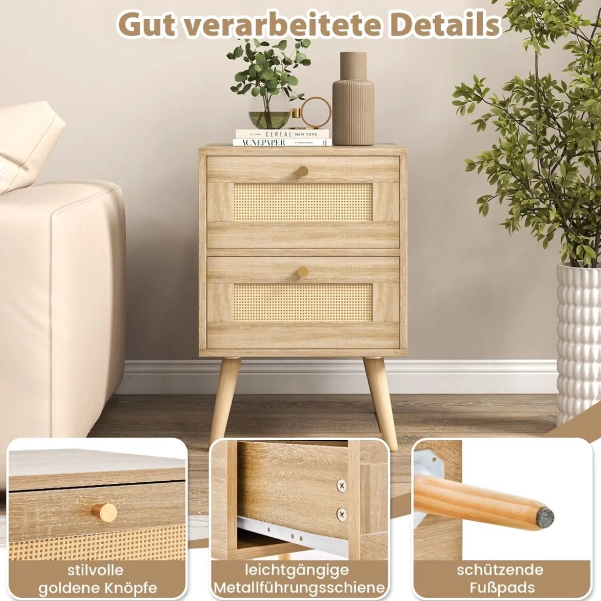 Rattan Nachttisch im Boho-Stil mit 2 Schubladen & Massivholzbeinen Moderner Nachtschrank