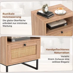 Rattan Nachttisch im Mittelalterstil mit Schublade & Offenem Fach Beistelltisch Akzenttisch