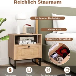 Rattan Nachttisch im Mittelalterstil mit Schublade & Offenem Fach Beistelltisch Akzenttisch