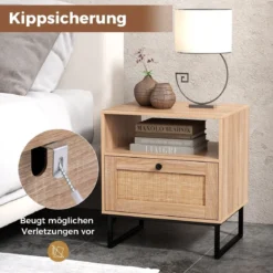 Rattan Nachttisch im Mittelalterstil mit Schublade & Offenem Fach Beistelltisch Akzenttisch