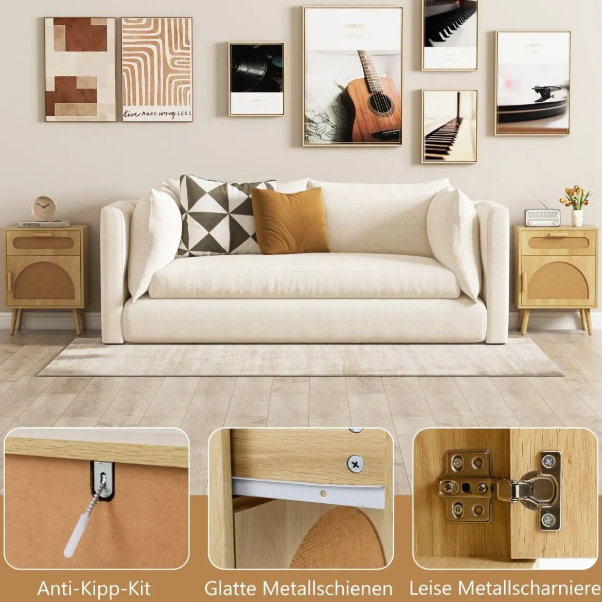 Rattan Nachttisch mit Schublade & Schrank Nachtschrank im Boho-Stil Beistelltisch Sofatisch