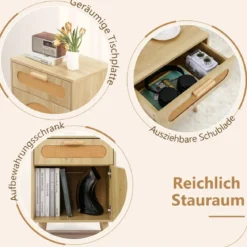 Rattan Nachttisch mit Schublade & Schrank Nachtschrank im Boho-Stil Beistelltisch Sofatisch