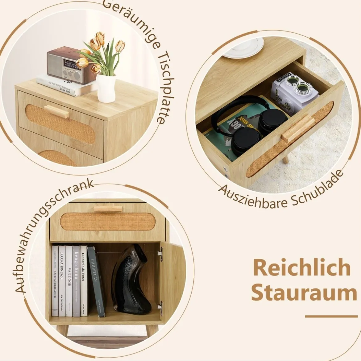 Rattan Nachttisch mit Schublade & Schrank Nachtschrank im Boho-Stil Beistelltisch Sofatisch