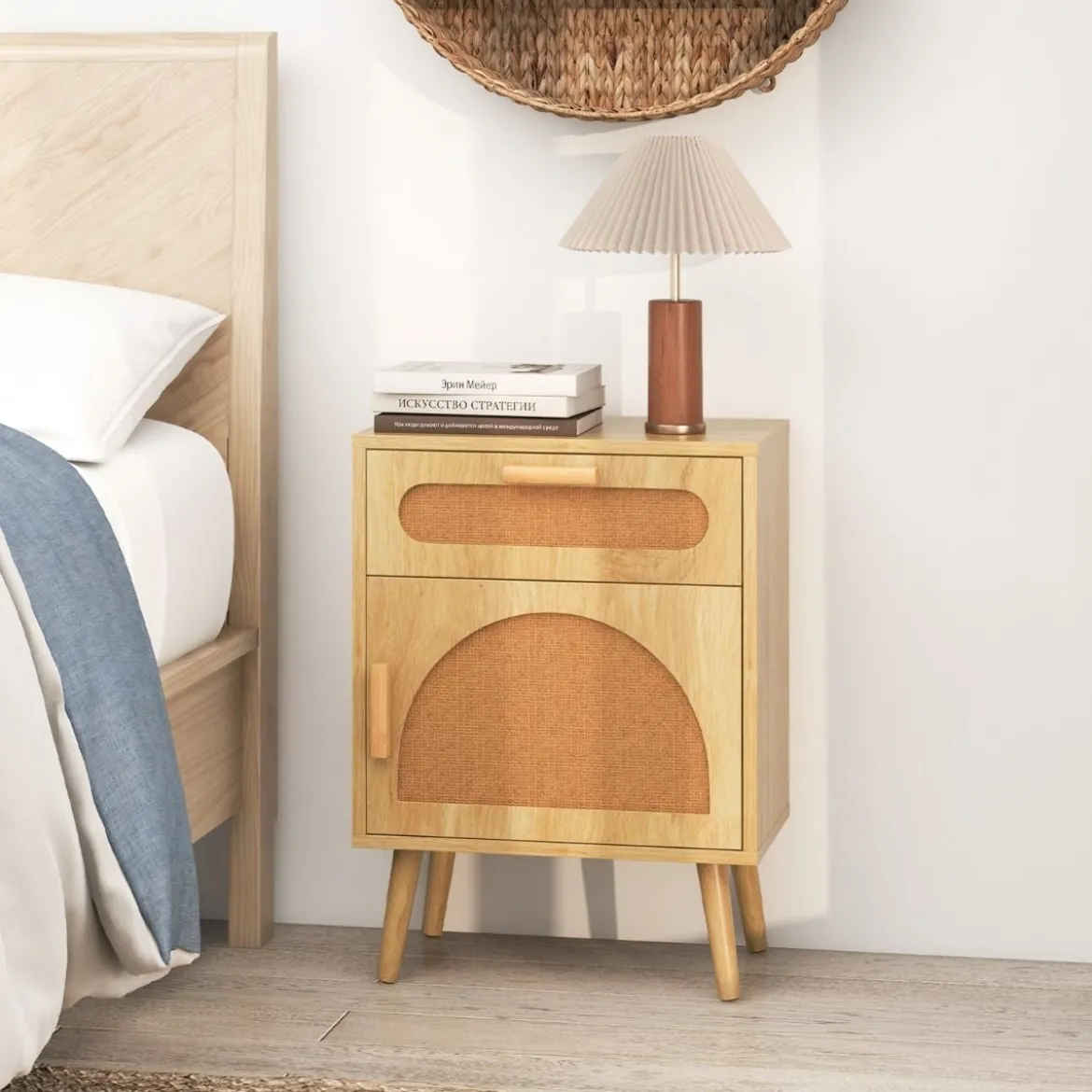 Rattan Nachttisch mit Schublade & Schrank Nachtschrank im Boho-Stil Beistelltisch Sofatisch