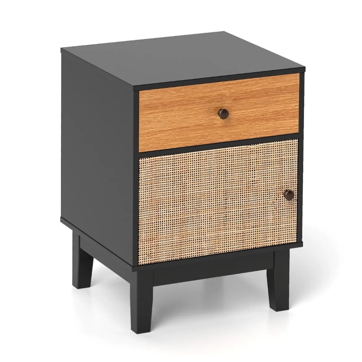 Rattan Nachttisch mit Schublade & Schrank Nachtschrank im Boho-Stil Beistelltisch