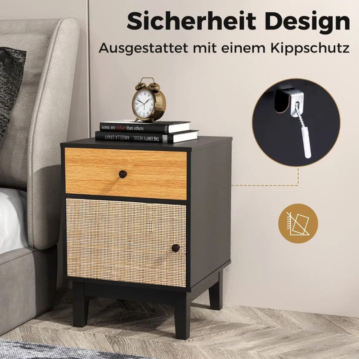 Rattan Nachttisch mit Schublade & Schrank Nachtschrank im Boho-Stil Beistelltisch