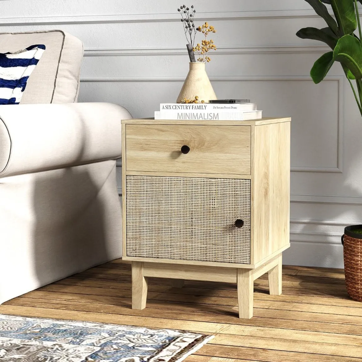 Rattan Nachttisch mit Schublade & Schrank Nachtschrank im Boho-Stil Beistelltisch