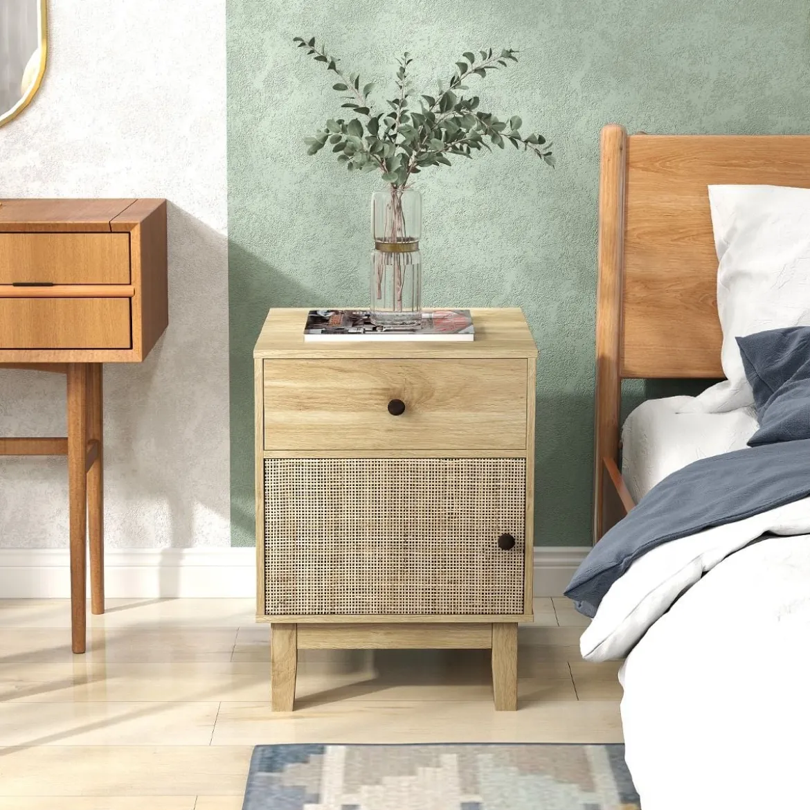 Rattan Nachttisch mit Schublade & Schrank Nachtschrank im Boho-Stil Beistelltisch