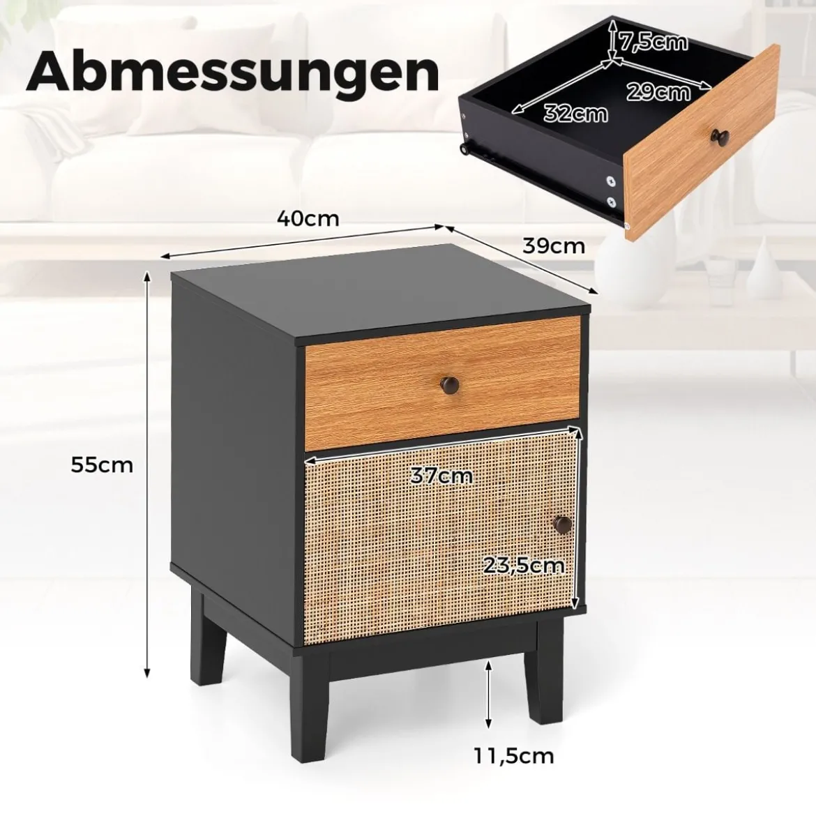 Rattan Nachttisch mit Schublade & Schrank Nachtschrank im Boho-Stil Beistelltisch
