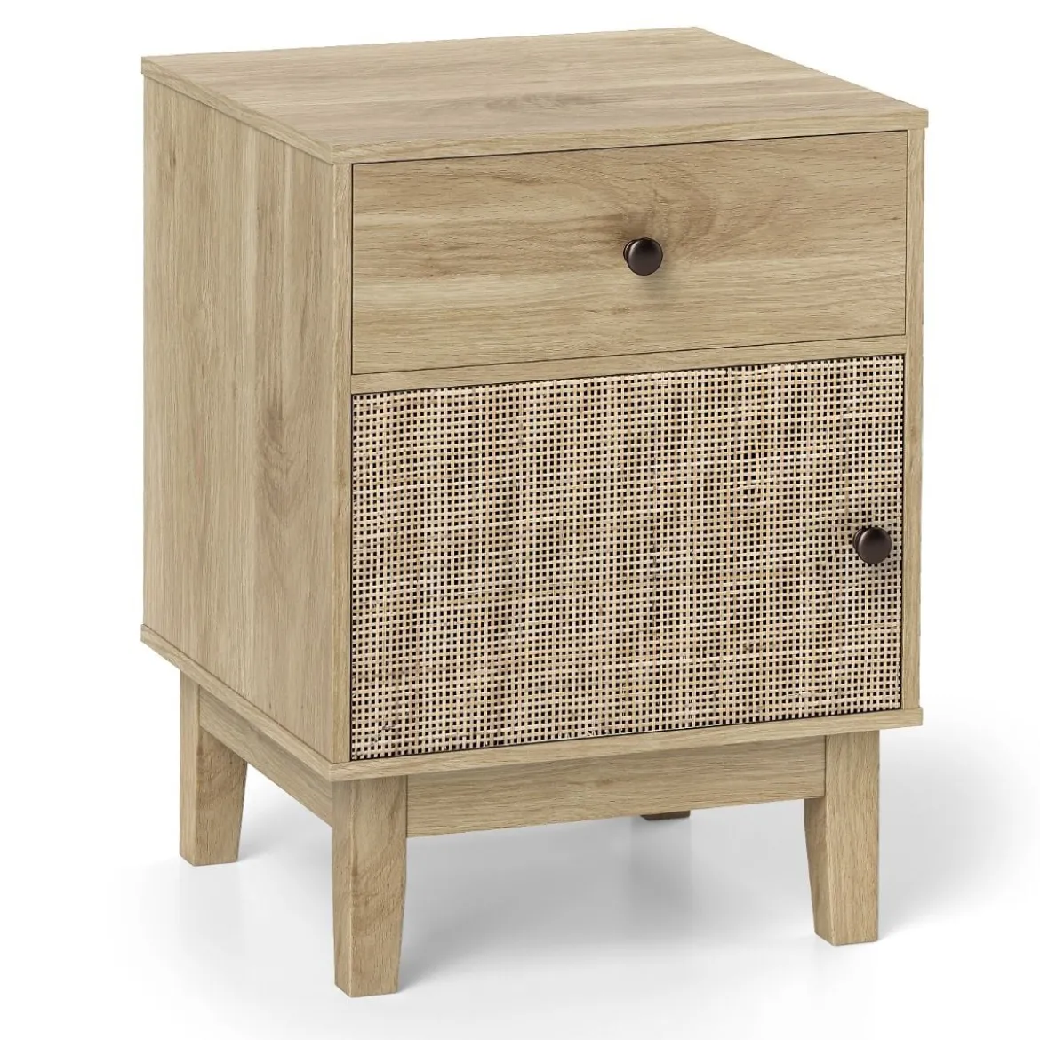 Rattan Nachttisch mit Schublade & Schrank Nachtschrank im Boho-Stil Beistelltisch