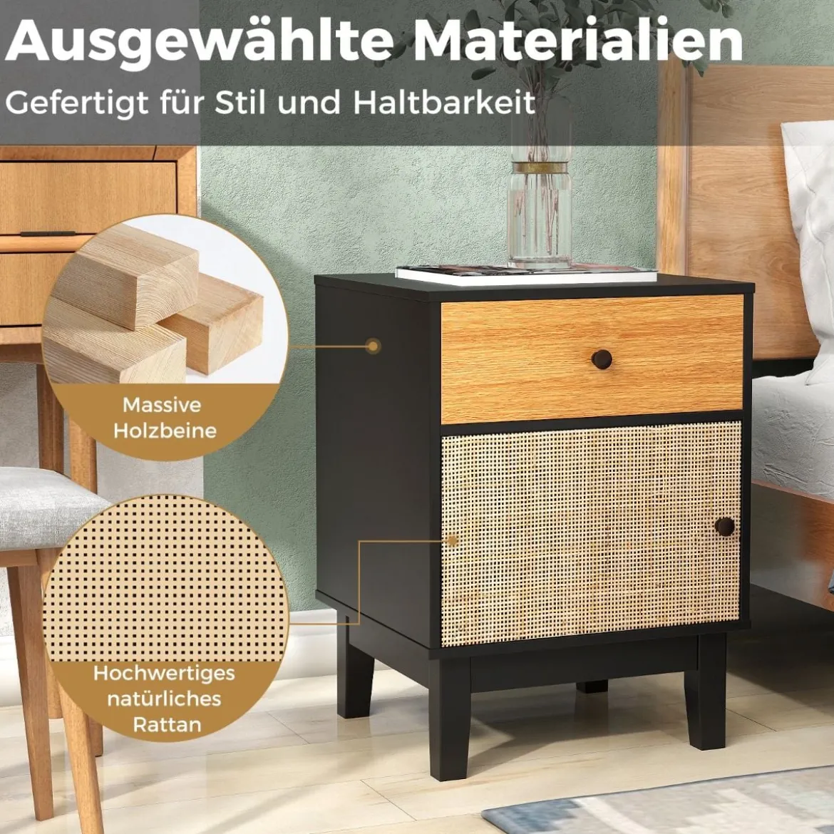 Rattan Nachttisch mit Schublade & Schrank Nachtschrank im Boho-Stil Beistelltisch