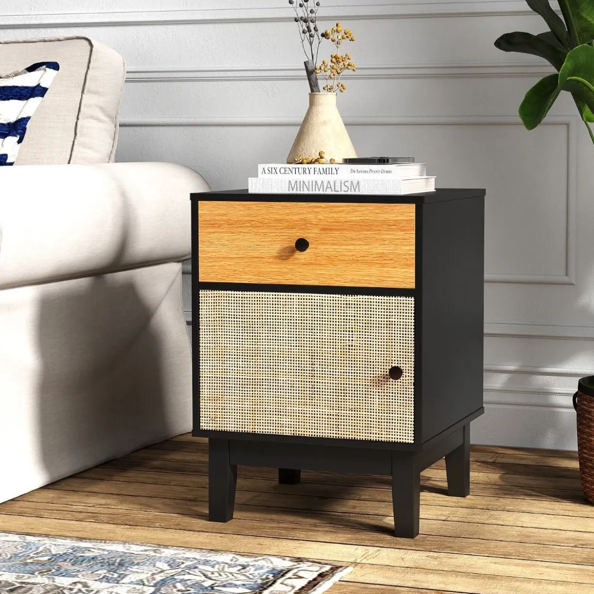 Rattan Nachttisch mit Schublade & Schrank Nachtschrank im Boho-Stil Beistelltisch
