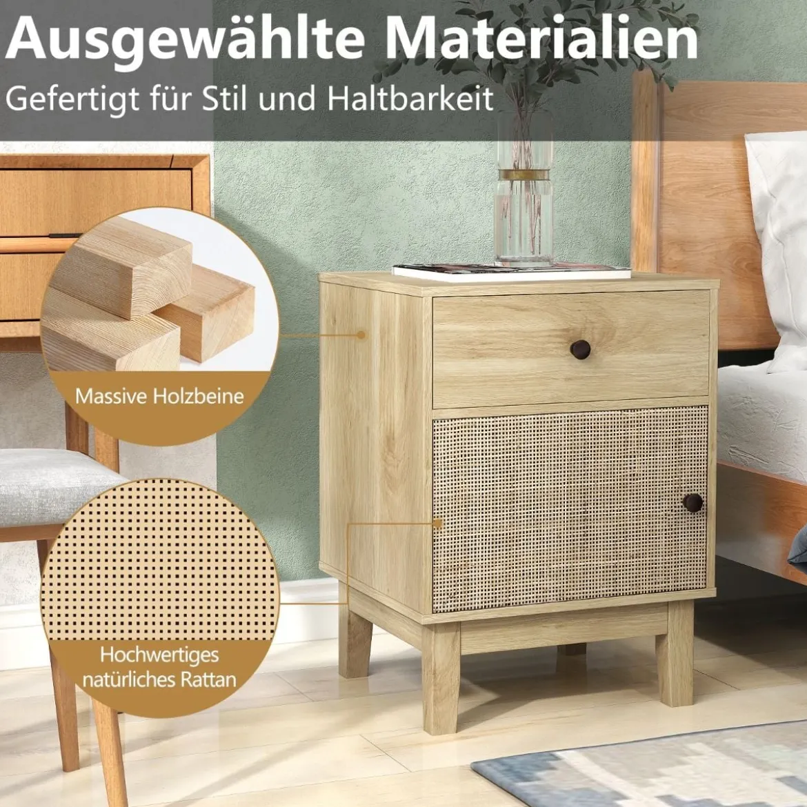 Rattan Nachttisch mit Schublade & Schrank Nachtschrank im Boho-Stil Beistelltisch