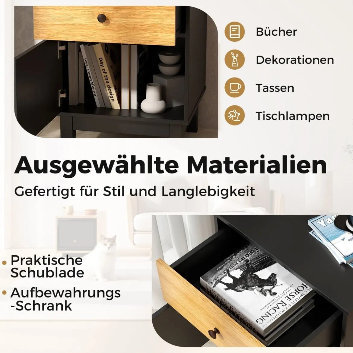 Rattan Nachttisch mit Schublade & Schrank Nachtschrank im Boho-Stil Beistelltisch