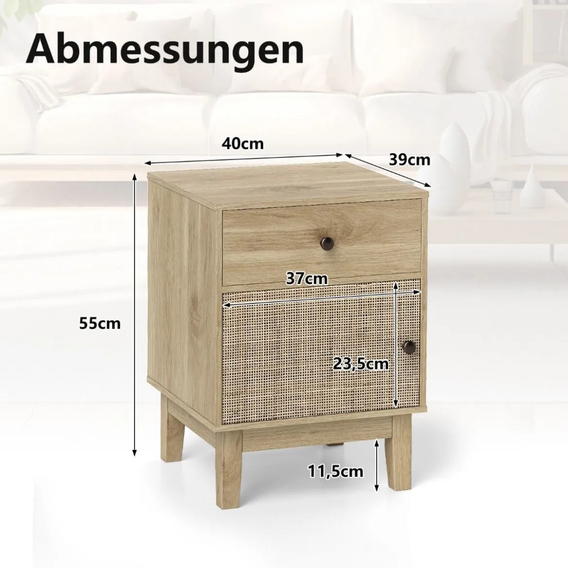 Rattan Nachttisch mit Schublade & Schrank Nachtschrank im Boho-Stil Beistelltisch