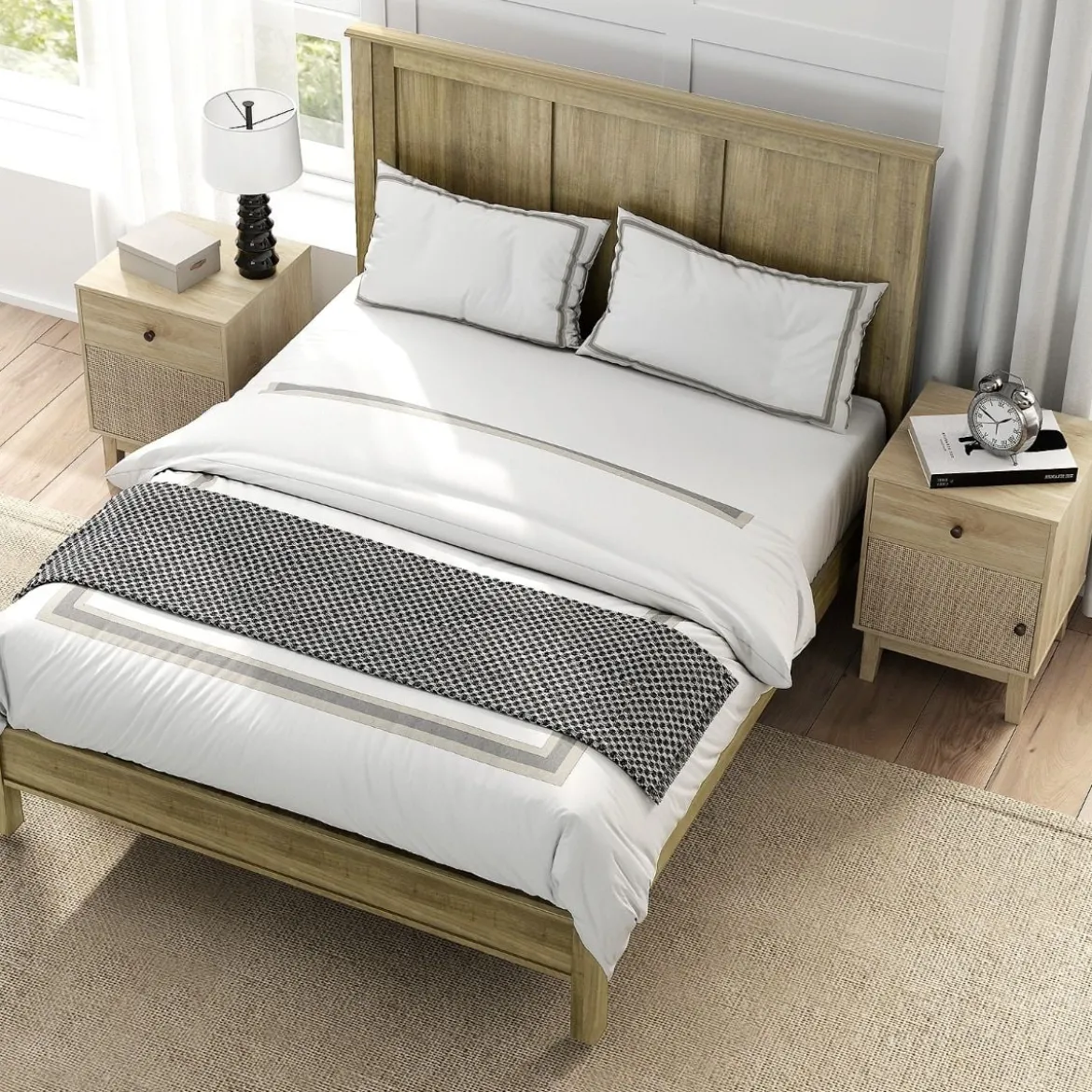 Rattan Nachttisch mit Schublade & Schrank Nachtschrank im Boho-Stil Beistelltisch