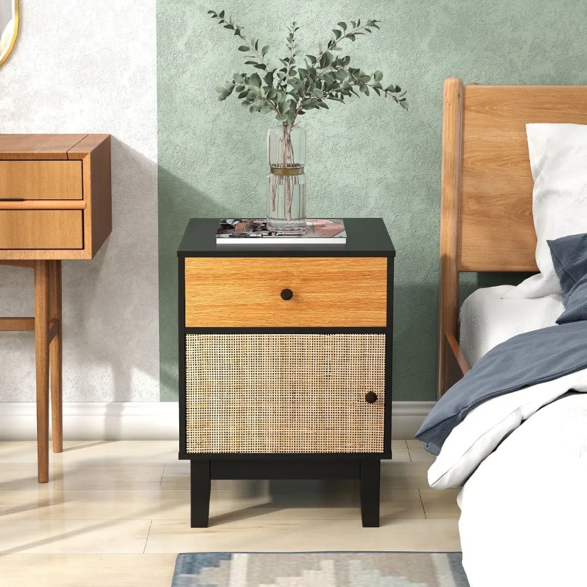 Rattan Nachttisch mit Schublade & Schrank Nachtschrank im Boho-Stil Beistelltisch