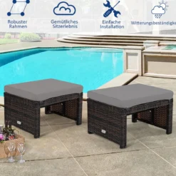 2 Rattan Ottomanen Outdoor Ottomane PE Rattansitz mit kissen 49 x 40 x 33 cm Grau