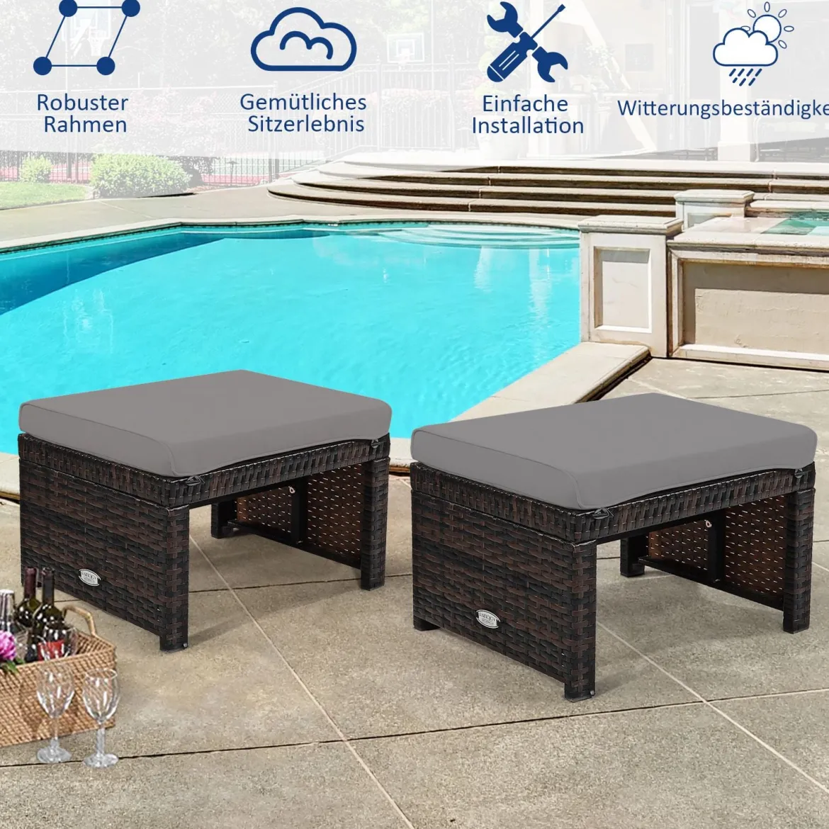 2 Rattan Ottomanen Outdoor Ottomane PE Rattansitz mit kissen 49 x 40 x 33 cm Grau