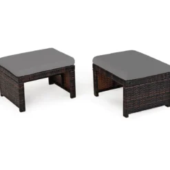 2 Rattan Ottomanen Outdoor Ottomane PE Rattansitz mit kissen 49 x 40 x 33 cm Grau