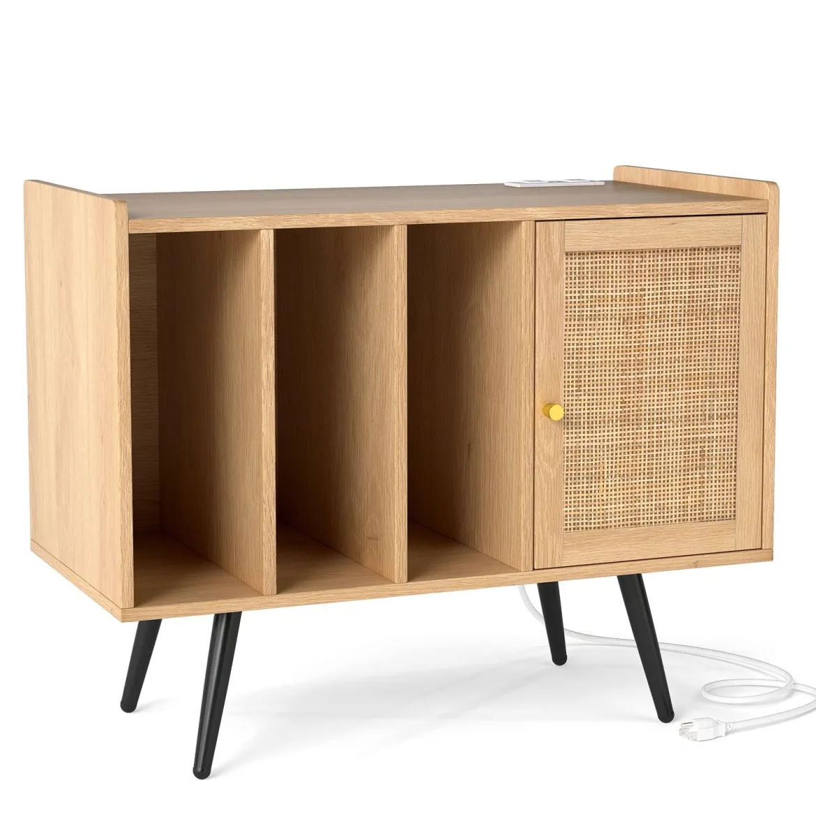 Rattan Plattenspieler-Ständer mit Ladestation Vinyl Schallplattenspieler Tisch für 220 Schallplatten Natur