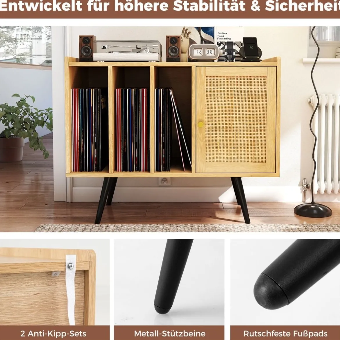 Rattan Plattenspieler-Ständer mit Ladestation Vinyl Schallplattenspieler Tisch für 220 Schallplatten Natur