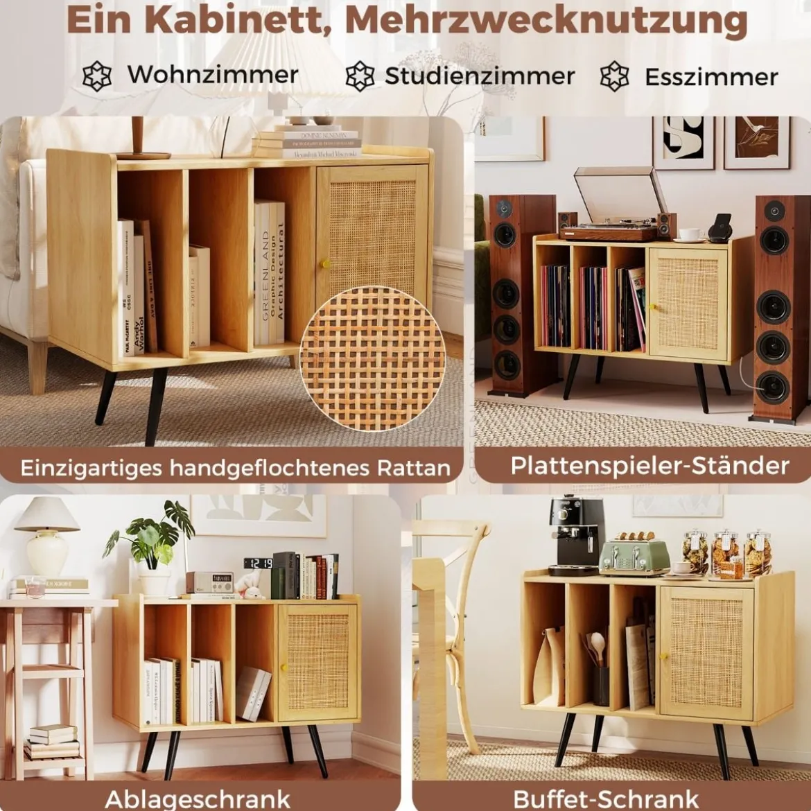 Rattan Plattenspieler-Ständer mit Ladestation Vinyl Schallplattenspieler Tisch für 220 Schallplatten Natur