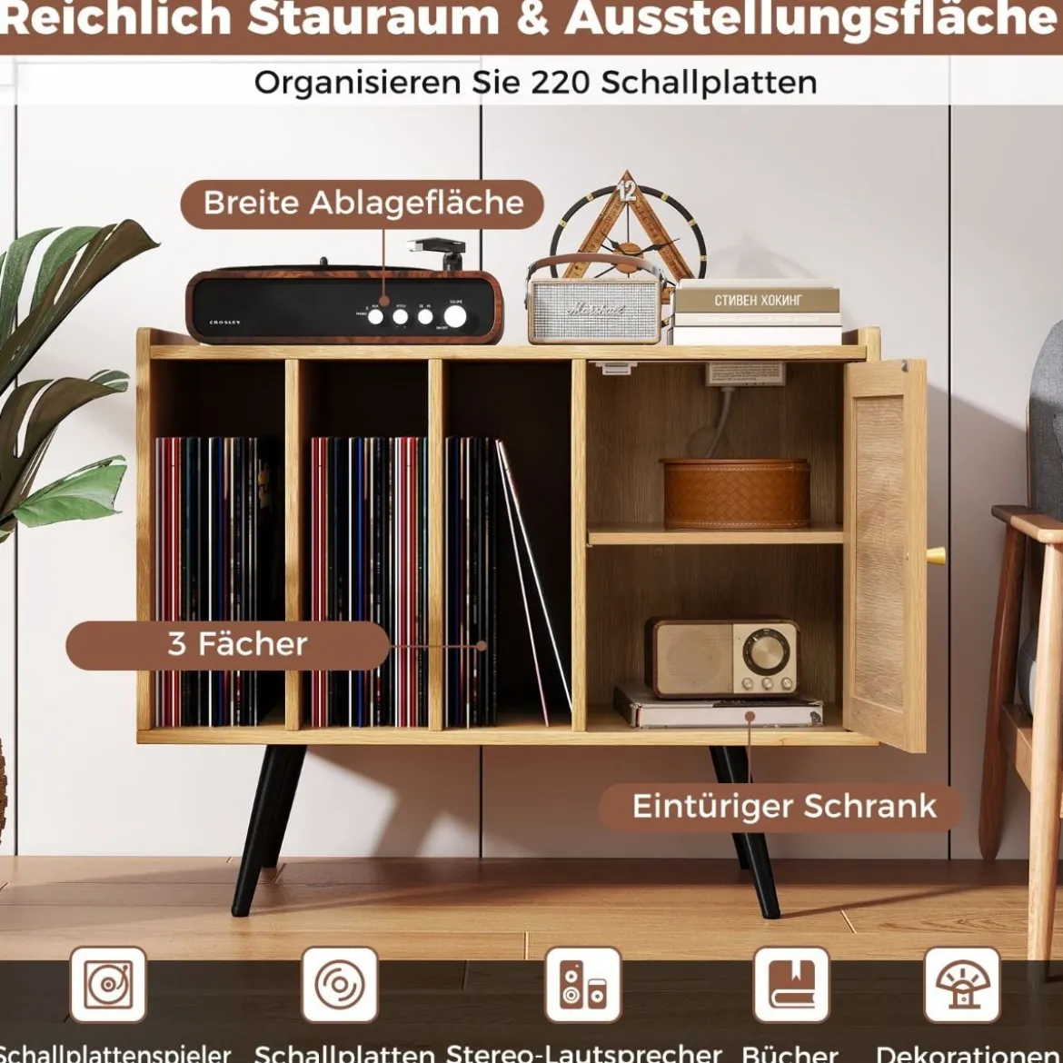 Rattan Plattenspieler-Ständer mit Ladestation Vinyl Schallplattenspieler Tisch für 220 Schallplatten Natur