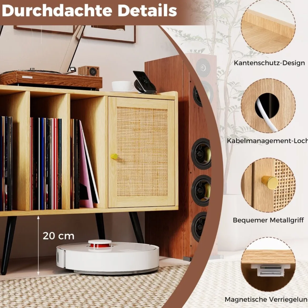 Rattan Plattenspieler-Ständer mit Ladestation Vinyl Schallplattenspieler Tisch für 220 Schallplatten Natur
