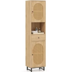 Rattan Schmaler Badezimmerschrank mit Türen & Verstellbaren Einlegeböden & Schublade