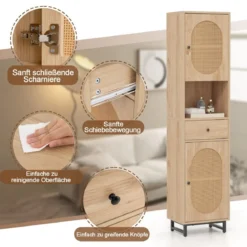 Rattan Schmaler Badezimmerschrank mit Türen & Verstellbaren Einlegeböden & Schublade