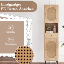Rattan Schmaler Badezimmerschrank mit Türen & Verstellbaren Einlegeböden & Schublade