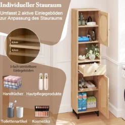 Rattan Schmaler Badezimmerschrank mit Türen & Verstellbaren Einlegeböden & Schublade