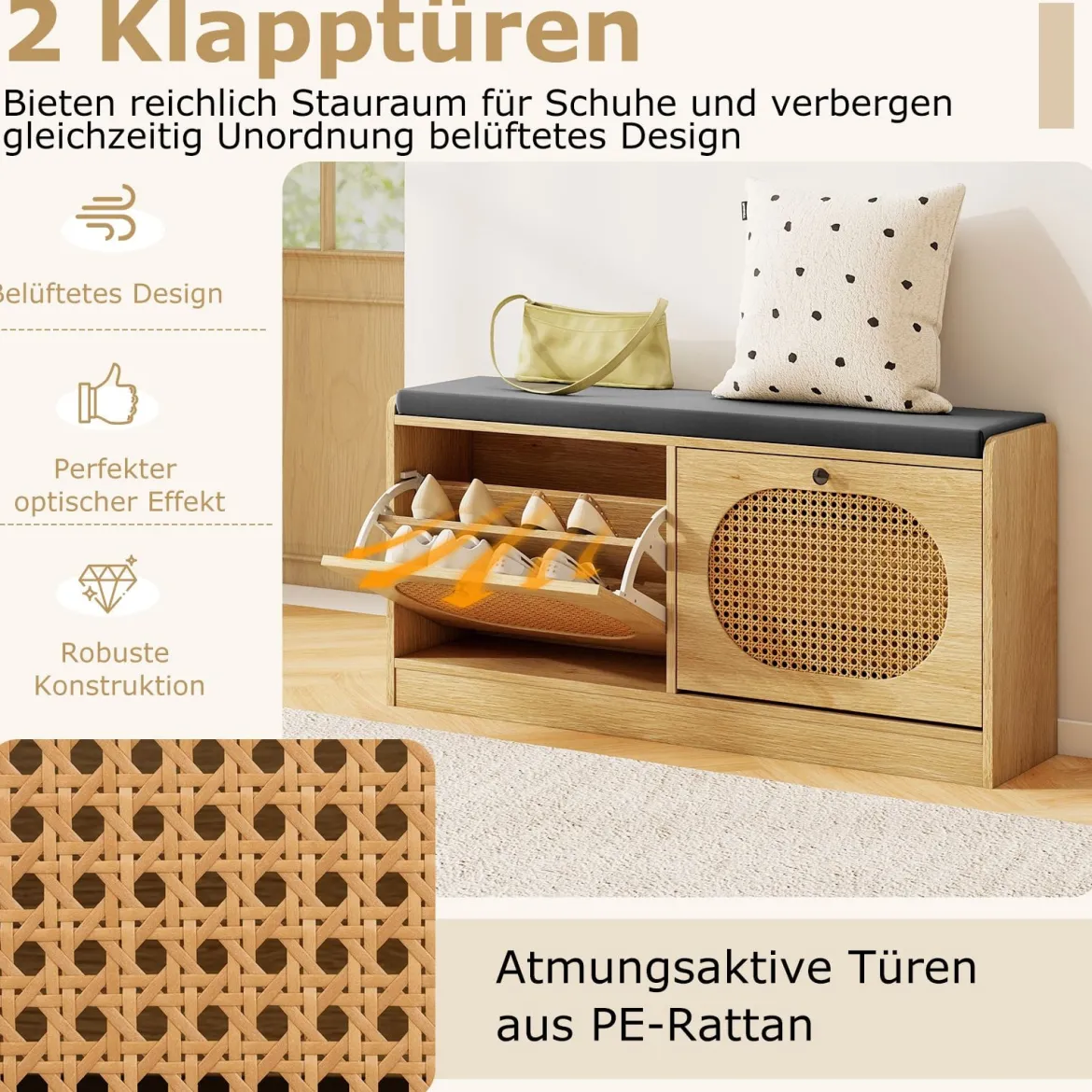 Rattan Schuhbank mit 2 Klappen & Verstellbaren Regalen & Gepolsterter Sitzfläche Schuhschrank